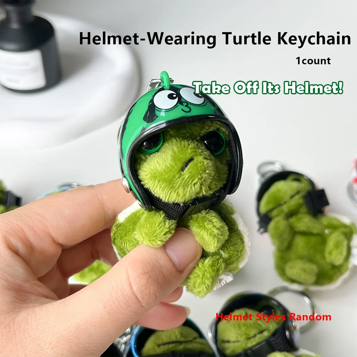 Funny Turtle Keychain, Adorable Tortoise Bag Charm with Removable Cartoon Helmet, Random Helmet Design, Cute Plush Pendant for Purse Backpack Car Key, Novelty Gift