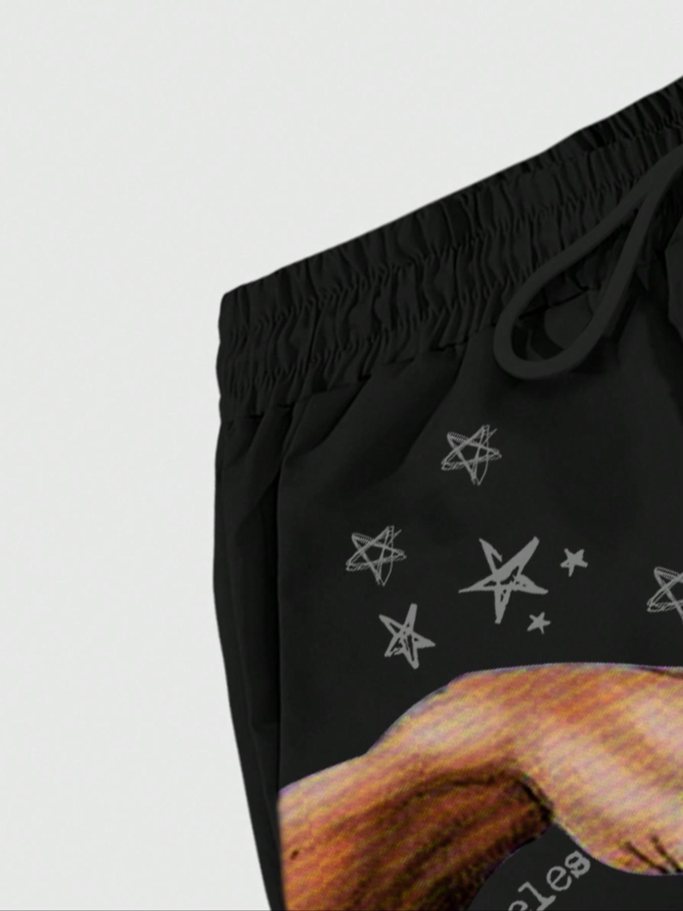 Men's Figure & Hand & Star Print Drawstring Waist Shorts, Regular Fit Casual Street Pocket Shorts for Fall & Winter, Men's Bottoms for Daily Wear, Menswear, Lightweight Beach Shorts, Casual Streetwear Shorts