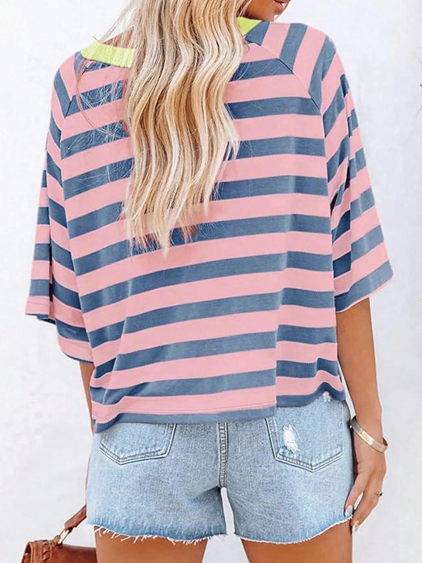 1 Piece Casual Minimalist Striped Pattern Round Neck Short Sleeve Loose Women's T-Shirt, Suitable For Summer, Oversized T Shirt