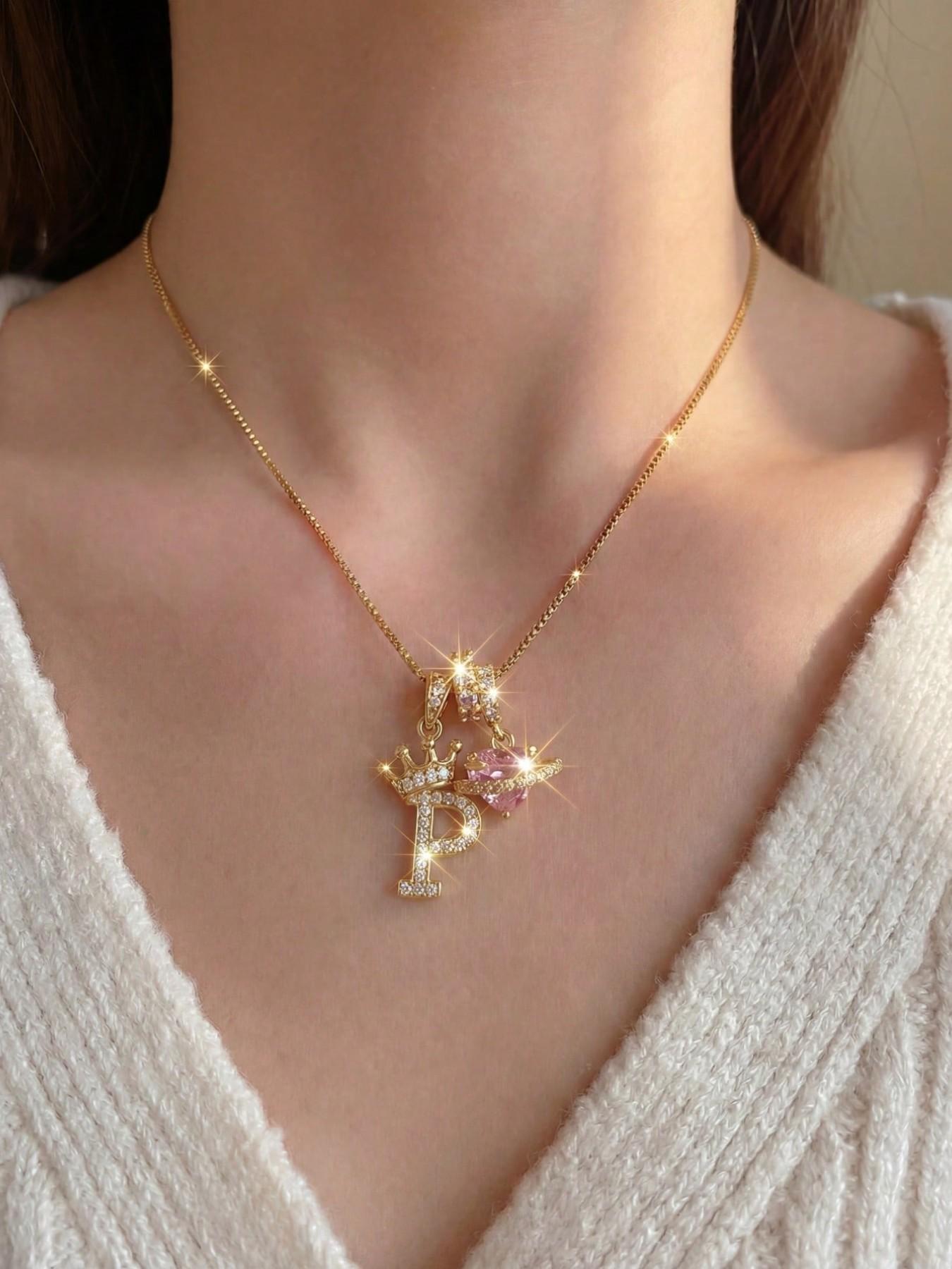 Heart Cz Crown Letter Pendant Necklace, Personalized Initial Alphabet Design, Luxurious Copper Material, Ideal for Daily Wear & Gifts, Heart Shaped Necklace