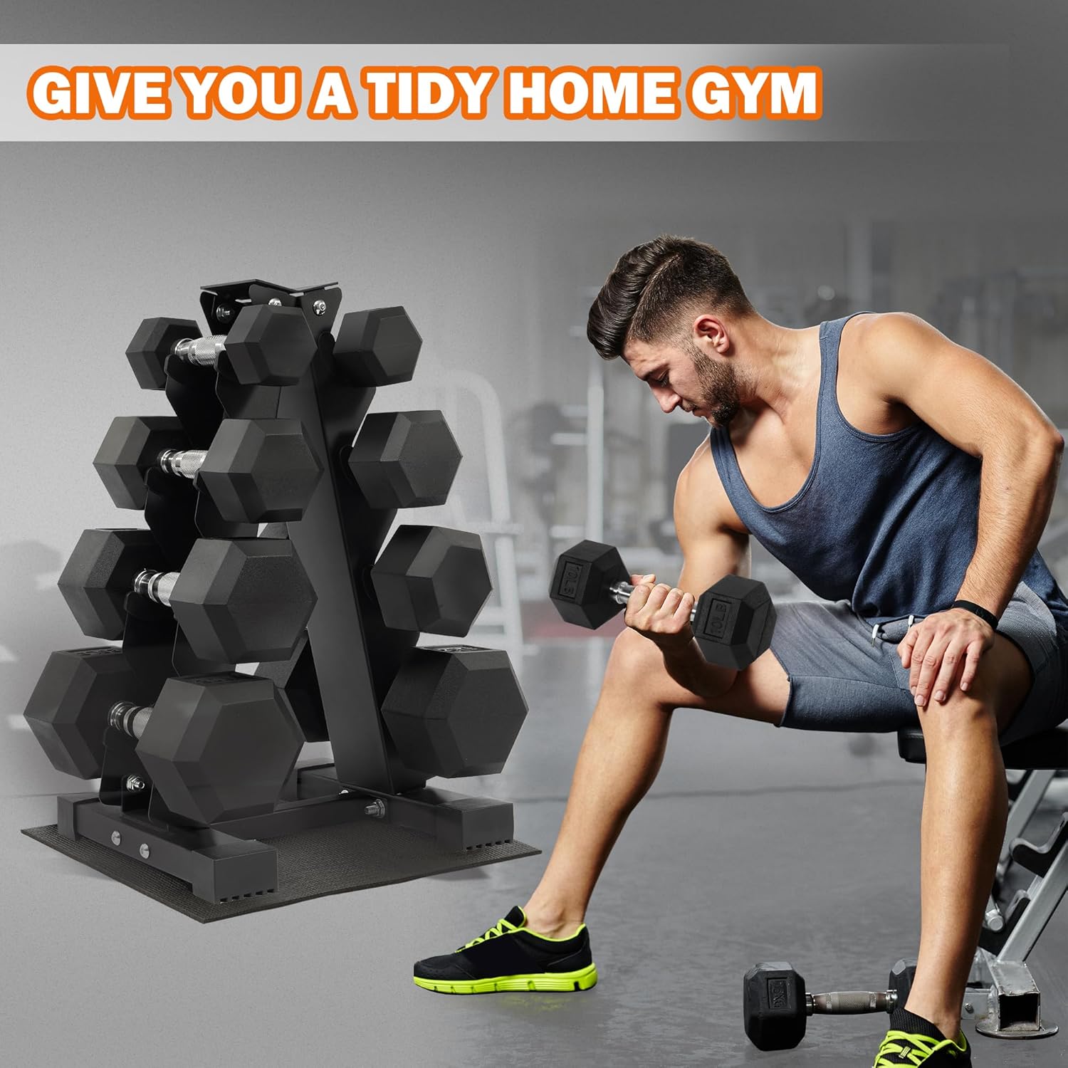 Rubber-Coated Hex Dumbbell Sets with Storage Rack, 100/150/200/550 LB Anti-Slip Grip Hand Weights for Home Gym