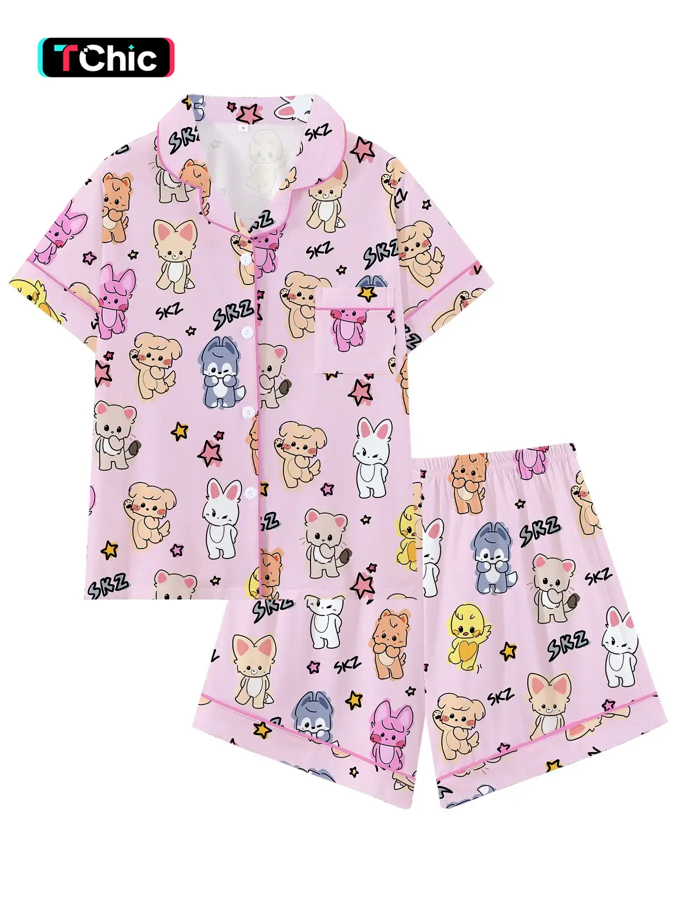 Women's Cute Korean Idol Cartoon Print Pajama Set, Short Sleeve Open Front Two-Piece Lounge Wear, Role Play Sleepwear, Fan Gift, Loungewear