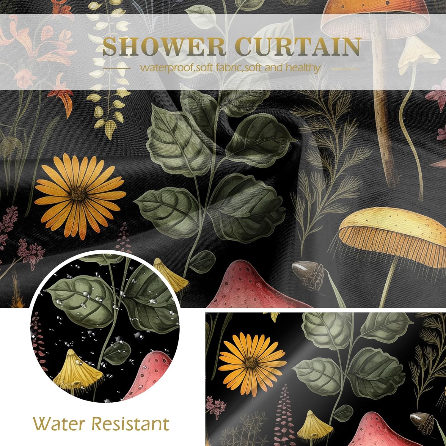 Vintage Dark Cottagecore Mushroom Shower Curtain - Retro Botanical Wildflower Print, Waterproof Fabric Curtain with 12 Hooks | Whimsical Gothic Bathroom Decor #showercurtain #mushroom #cottagecore #vintage #botanical #waterproofcurtain  #gothicdecor