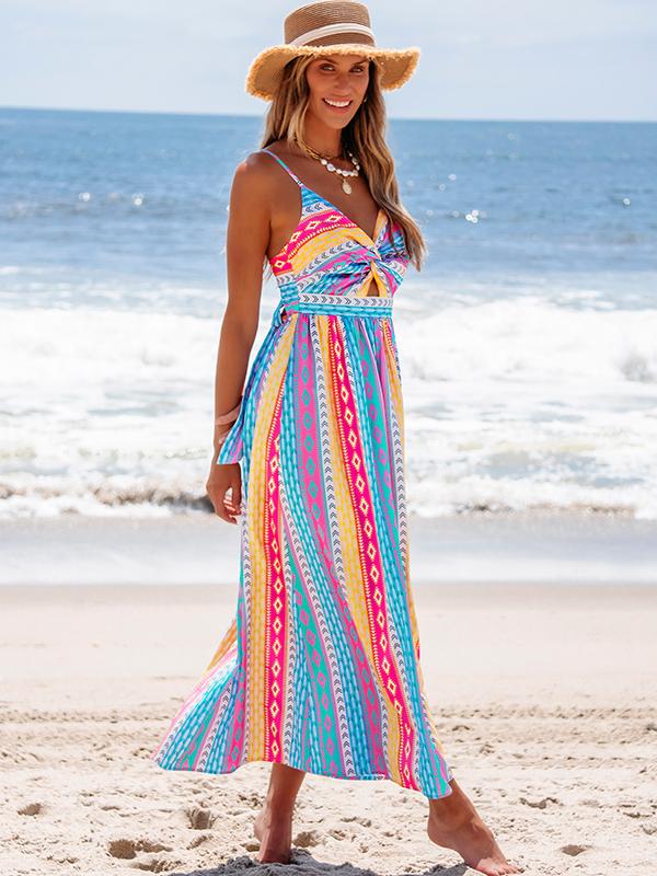 Popvil Tribal Printed Front Knot Cami Dress,Women's V Neck Sleeveless Seaside Vacation Maxi Dress for Summer,Causal Wear,dealsforyoudays