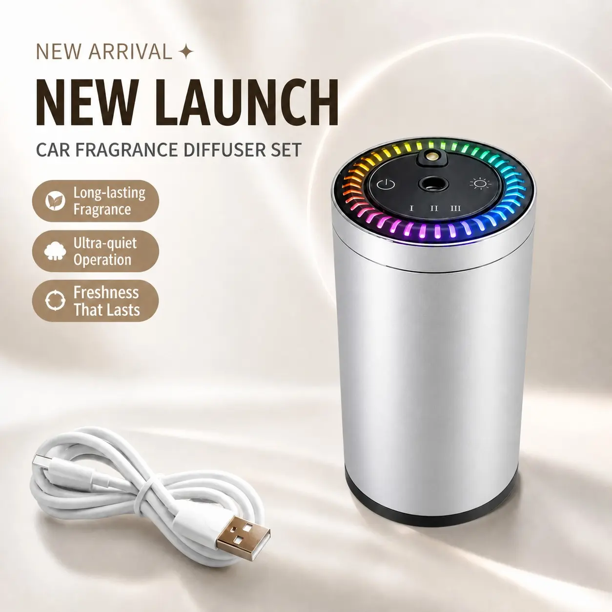 Smart Car Diffuser, Rechargeable C-Type Aromatic Diffuser, RGB Projector Light, Ultrasonic Spray, 60ML Capacity, Car Interior Accessory