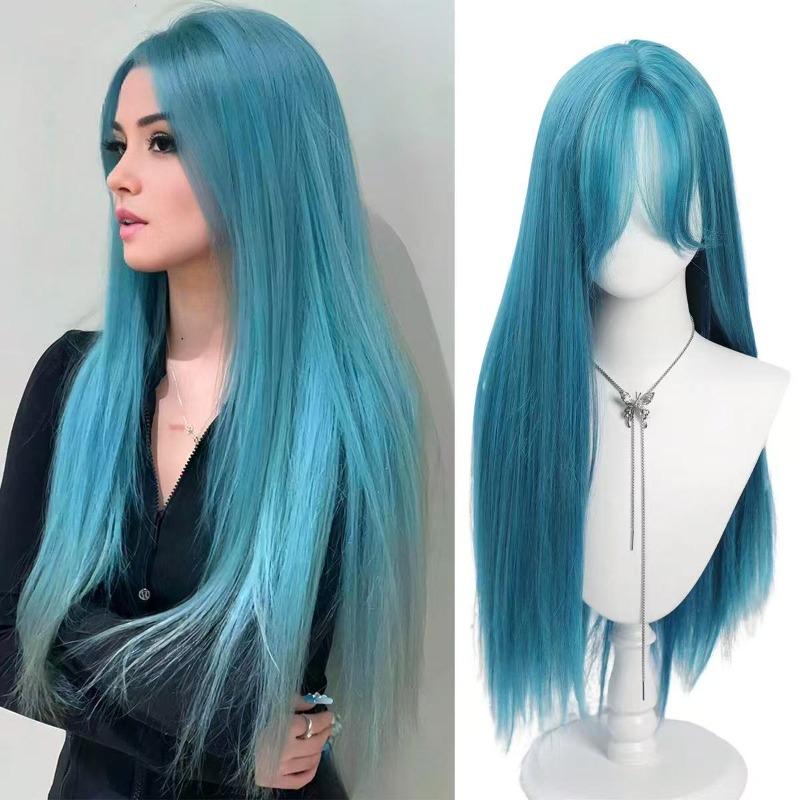 Women's Synthetic Hair Wig - 28-inch Straight Mint Blue, Middle Part Bangs, Natural Soft Texture, Colored Curly Synthetic Costume Wig for Cosplay, Daily Wear, Festival Party, Natural Style, Colored Curly Synthetic Costume Wigs