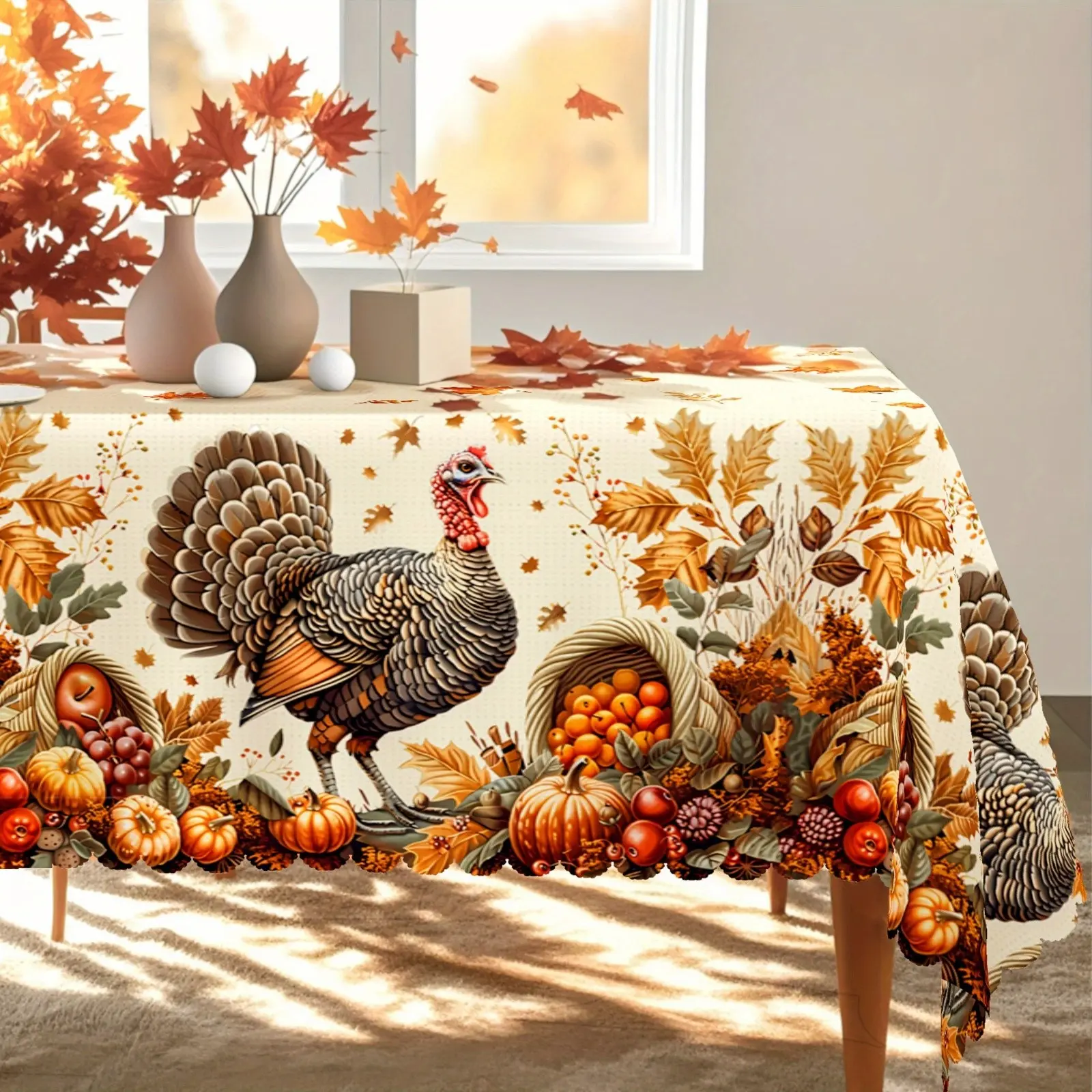 Thanksgiving Rectangular Tablecloth, Turkey Maple Leaf Pumpkin Fruit Harvest Design, Perfect Fall and Thanksgiving Decor, Indoor Outdoor Party Home Decoration