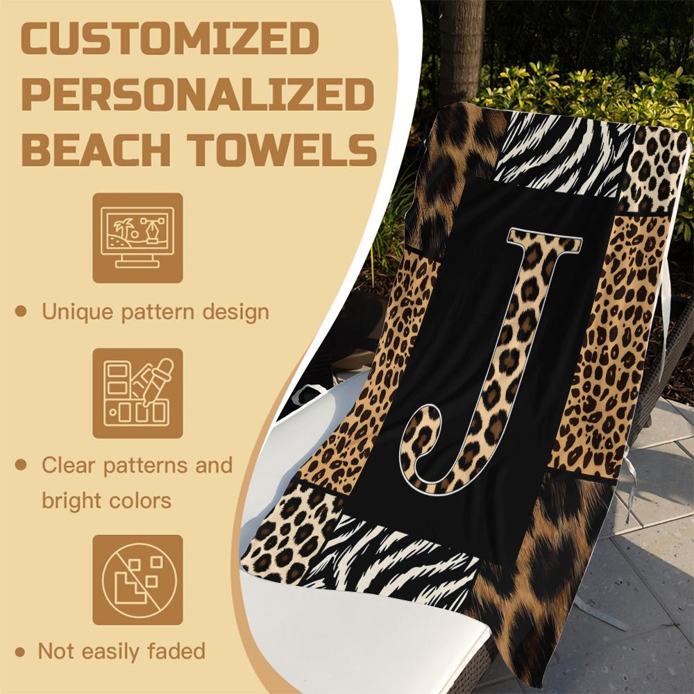 Animal Print Monogram Beach Towel, Leopard Zebra Tiger Initial Microfiber Quick Dry Sand Free Towel, Gift for Animal Lovers