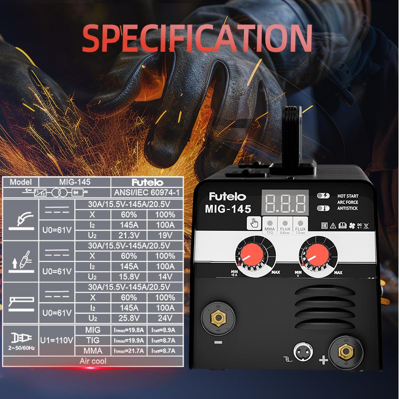 FUTELO MIG-145 145A 110V Flux Core MIG Welder Machine, Gasless MIG/Stick/Lift TIG 3-in-1 Welding Machine Portable Synergic Control IGBT Inverter