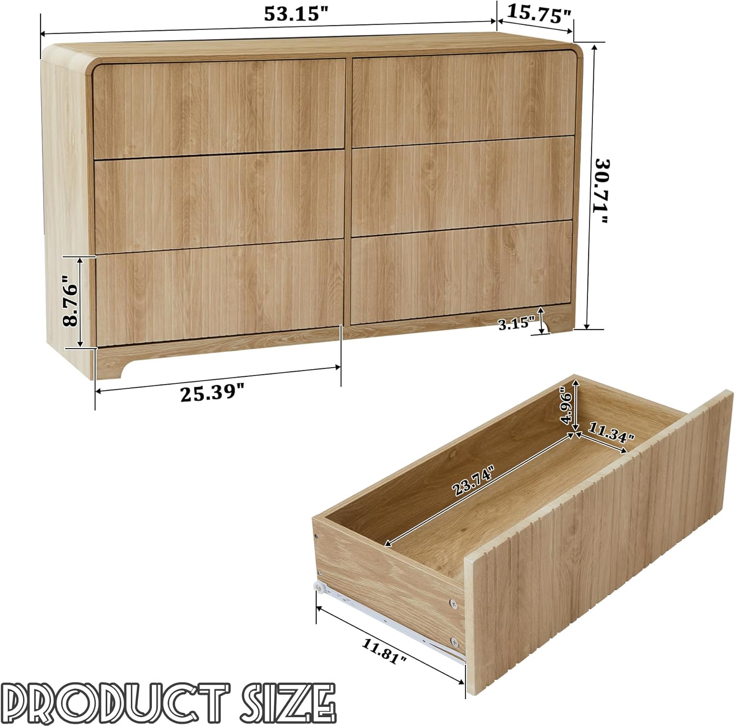 Giratree Fluted 6 Drawers Dresser for Bedroom, 53" Wide Mid Century Modern Chest of Drawers with Curved Profile Design, Large Wood Double Dresser for Living Room Wooden Dressing Table with Drawers