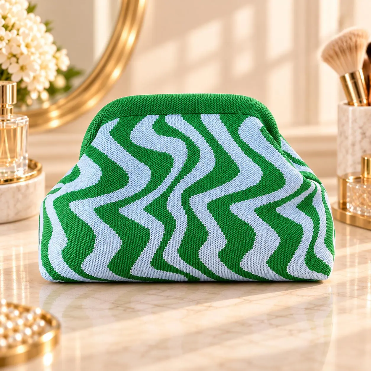 Green Wave Knit Makeup Bag, Cute Aesthetic Cosmetic Bag for Women, Portable Travel Toiletry Bag with Clasp Frame Design, Stylish Beauty Organizer Pouch for Makeup Brushes, Lipstick, Skincare Essentials, Spacious Daily Storage Bag for Home, Travel, Office