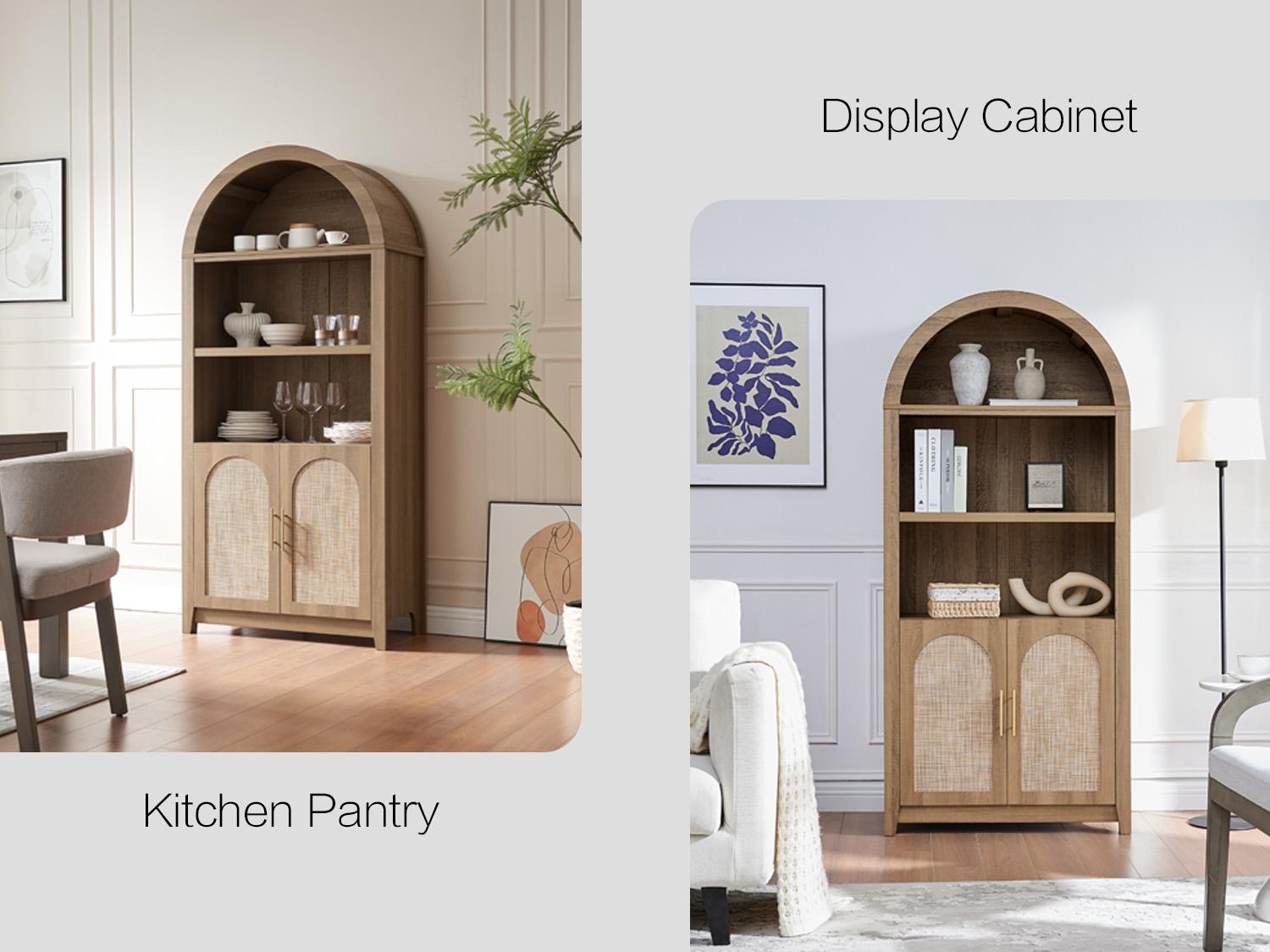 Arched Cabinet Bookshelf Bookcase - 69.3” Tall Mid Century Arched Display Cabinet, Rounded Bookshelf with Rattan Doors, Open Shelf Storage for Dining Room