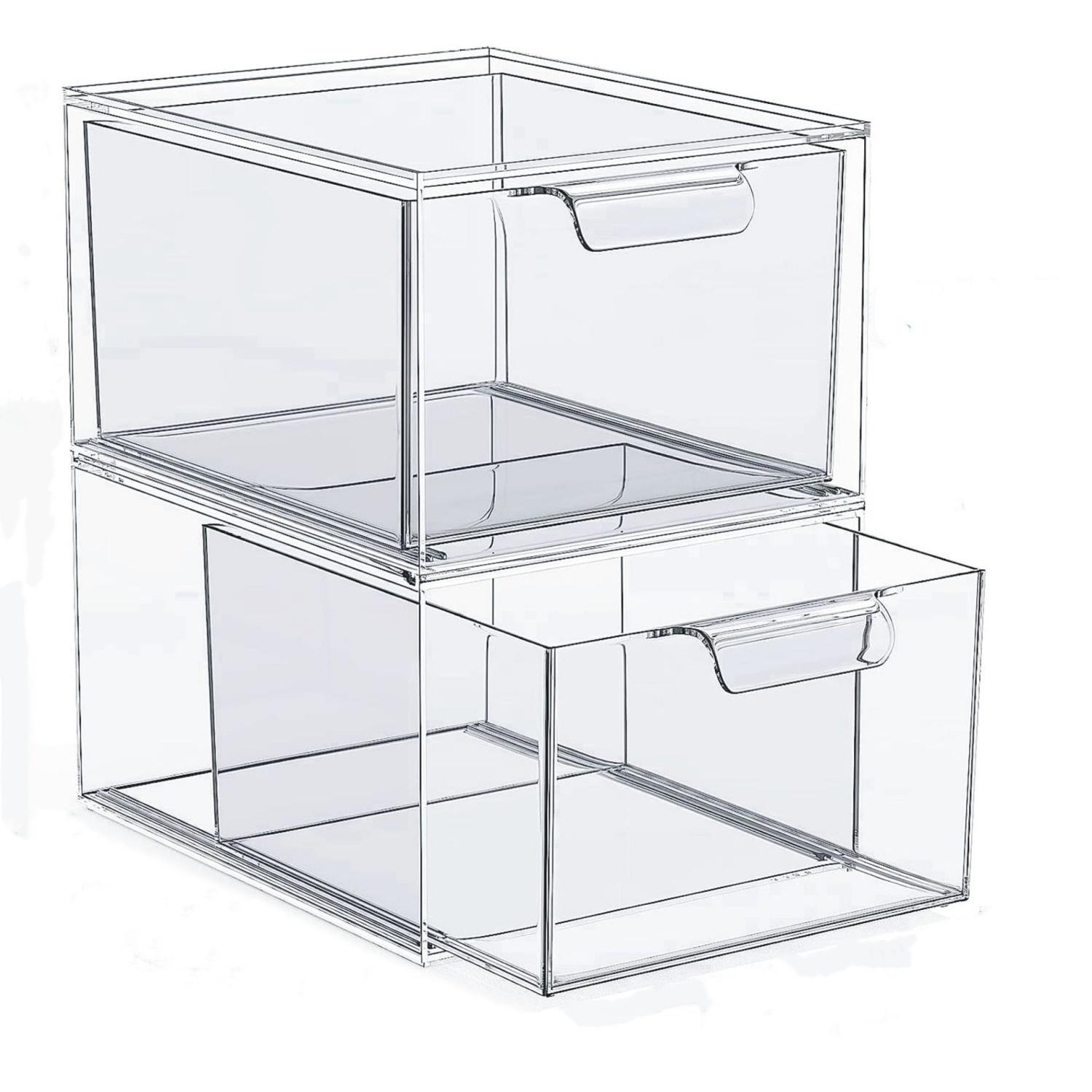 2 Pack Large Stackable Storage Drawers,Easily Assemble Acrylic Bathroom Closet Undersink Organizers and Storage,Acrylic Bins for Kitchen Cabinets,Pantry,Makeup,Medicine Organization, Clear Storage Box