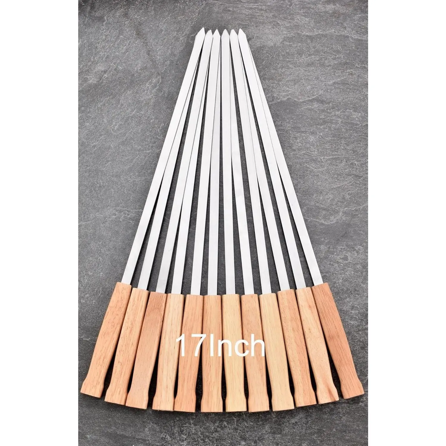 17-Inch 12 Pack Long Flat BBQ Skewers, Brazilian-style Stainless Steel 3/8 Inch Wide Blade with Hardwood Handle, Barbecue Skewers for Grilling Meat, Chicken, Shrimp and Vegetables