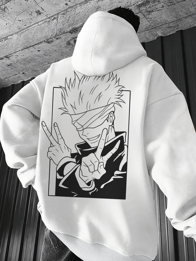 Men's White 'Jujutsu Kaisen Gojo Satoru Black & White Anime Graphic' Oversized Hoodie - Streetwear Anime Casual Pullover, Featuring Iconic Gojo Satoru from Jujutsu Kaisen with Bold Line Art Design, Ideal for Anime Enthusiasts, Graphic Print Hoodie Men's White 'Jujutsu Kaisen Gojo Satoru Black & White Anime Graphic' Oversized Hoodie - Streetwear Anime Casual Pullover, Featuring Iconic Gojo Satoru from Jujutsu Kaisen with Bold Line Art Design, Ideal for Anime Enthusiasts, Graphic Print Hoodie
