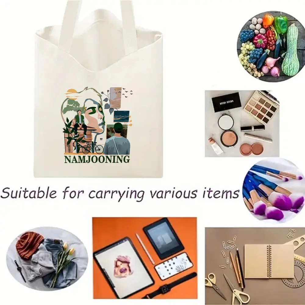 Large-Capacity Tote Bag/Carryall/Canvas Bag (38 x 38 cm), Reusable. This Off-White canvas tote bag features a design of a cyclist under a tree, making it perfect for women. This shoulder bag is ideal for shopping, visiting the library, or using at school,