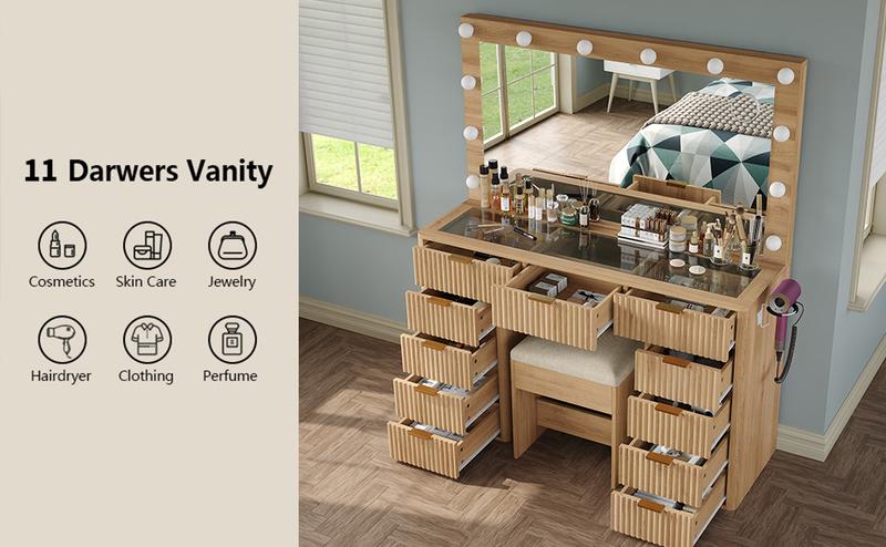 FUSOU 47“W Fluted Vanity Desk, 11 Drawers Makeup Vanity with Power Outlet & Lighted Mirror, 3 Lighting Modes Adjustable, Vanity Set with Glass Top, Vanity Table with Chair for Bedroom, Dressing Room, Natural