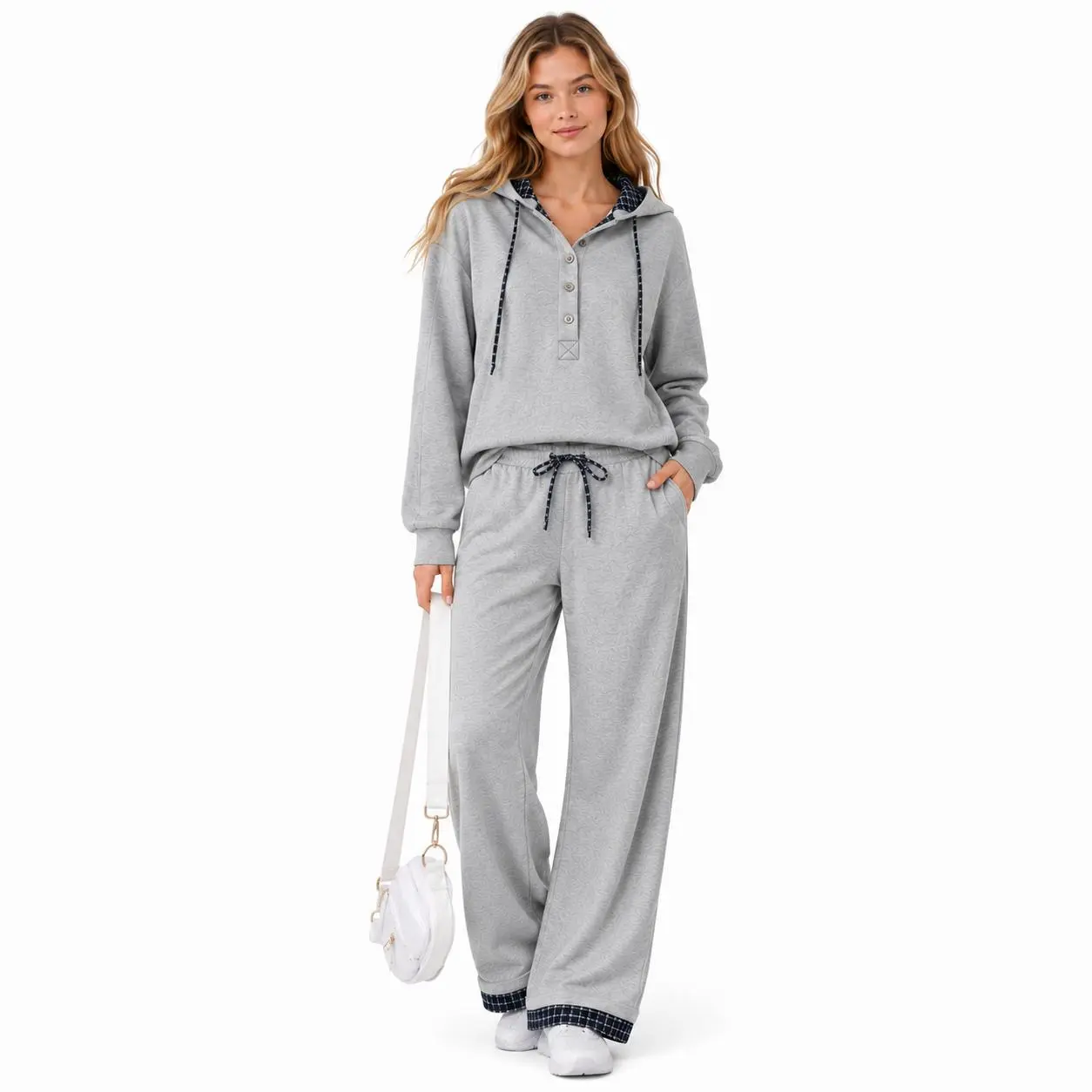 Imily Bela Women's 2 Piece Outfits Set Plaid Detail Hoodie and Wide Leg Sweatpants Matching Lounge Sets
