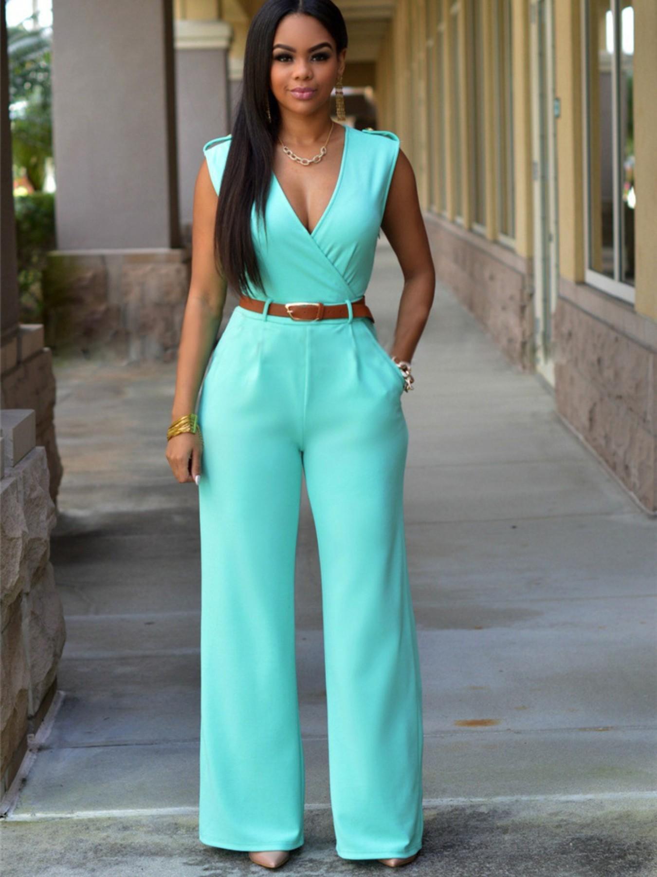 Sexy Pocket Women's Clothing, High Waisted V-Neck Wide Leg Pants, Irregular Jumpsuit with Belt, European and American Style Womenswear