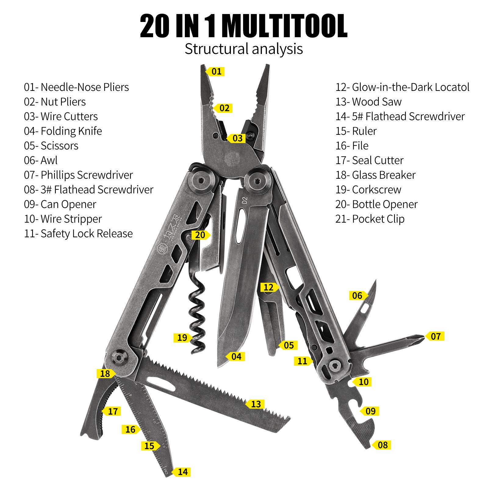 Wetactics MT-61  20-IN-1 EDC MULTITOOL | D2 STEEL SHARP KNIFE + 420 STAINLESS PLIERS | RUST-PROOF, DURABLE & COMPACT | CAMPING SURVIVAL MUST-HAVE | FREE NYLON SHEATH | FITS IN YOUR POCKET!