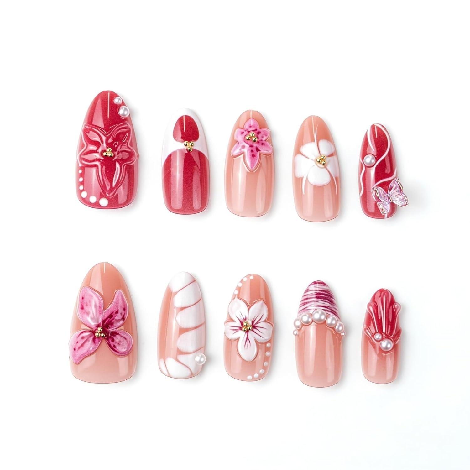 Soft Pink Cherry Blossom Nails - Hand-Carved Floral Press Ons with Pearl Details Flower Nails