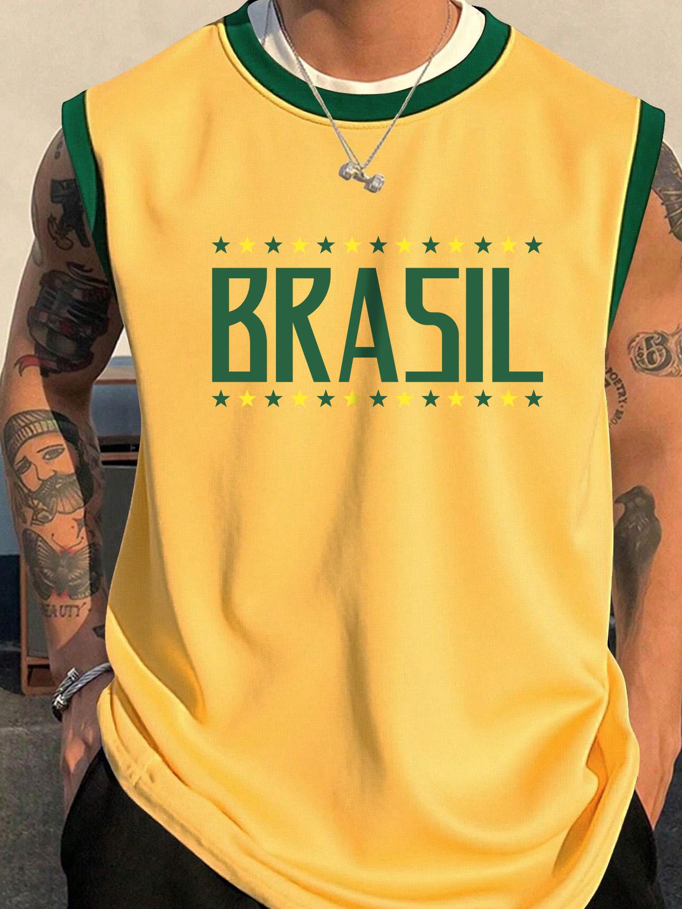 Men's Brazil Flag Print Tank Top, Vest Top, Regular Fit Casual Comfy Sleeveless Top for Summer, Men's Clothes for Daily Wear, Socks