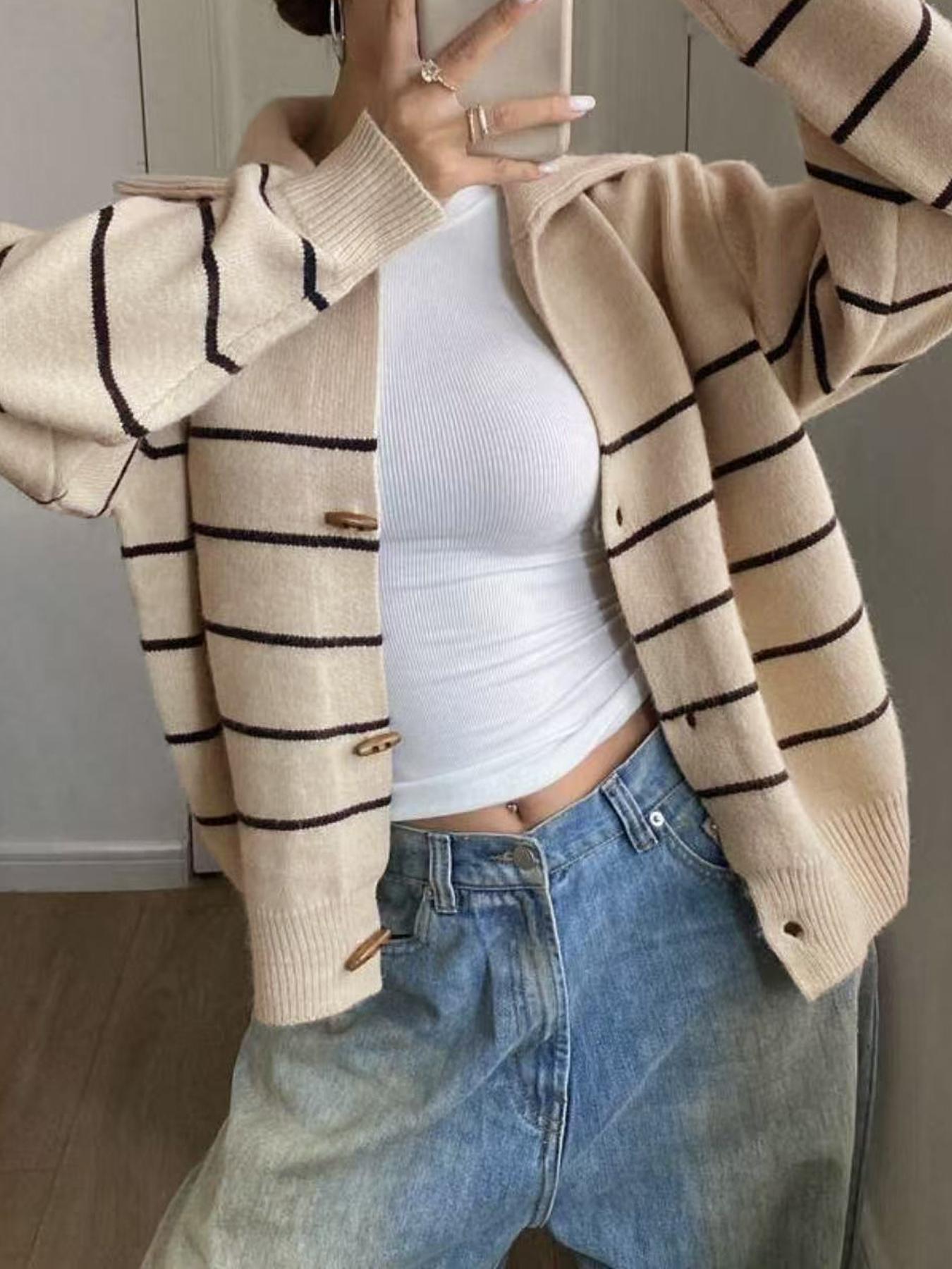Autumn Winter Striped Button Front Sweater Coat, Fashion Casual Loose Elegant Chic Knitwear Outerwear, Stylish Women's Clothing