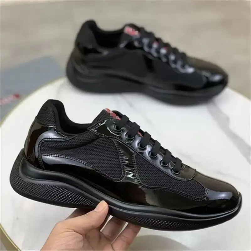 All Black Platform Casual Sneakers For Men Women Glossy Patent Leather Toe Breathable Mesh Fabric Upper Lightweight Curved Thick Sole Non Slip Walking Trainers Luxury Streetwear Daily Commute Fashion Footwear