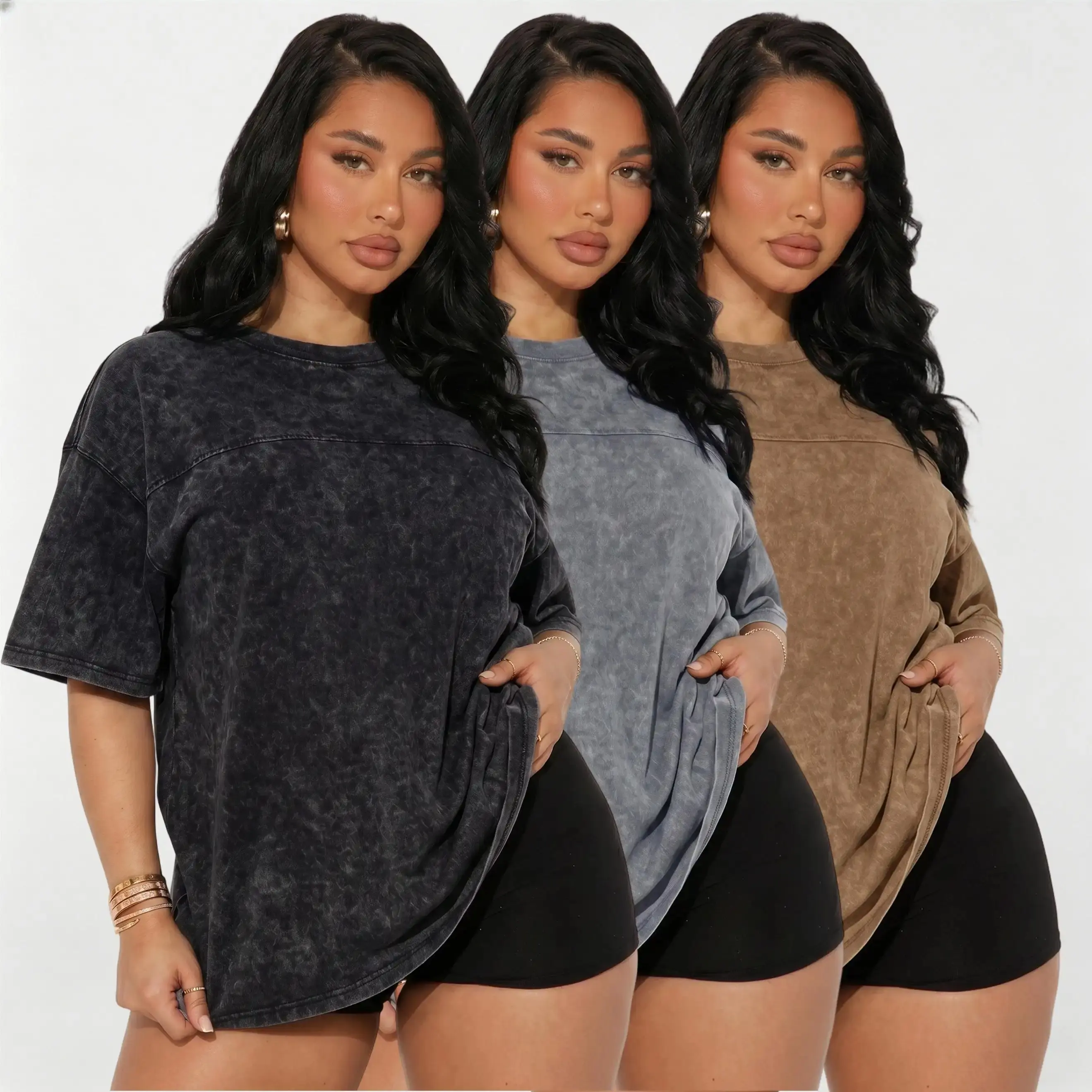Women's 3-Piece Minimalist Basic Lady 100% Pure Cotton Washed Distressed Crew Neck Short-Sleeve Oversized Tshirt Set - Soft, Casual, Loose-Fit Base Layer Multi-Pack Women's T-Shirts for Summer Streetwear, Music Festivals