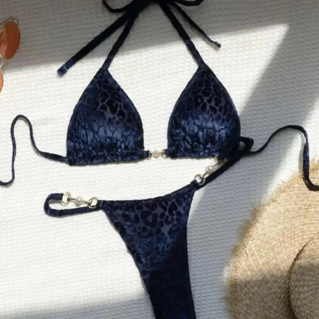Women Purple Leopard Print Triangle Bikini Set with Pearl Metal Buckle Decor Halter Tie Top Thong Bottoms Summer Beach Swimwear