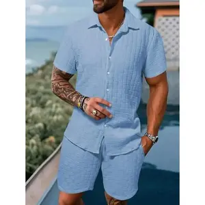 Men's Solid Textured Short Sleeve Button Front Shirt & Pocket Drawstring Waist Shorts Two-piece Set Classic Summer Outfits Clothes Set for Men - Menswear