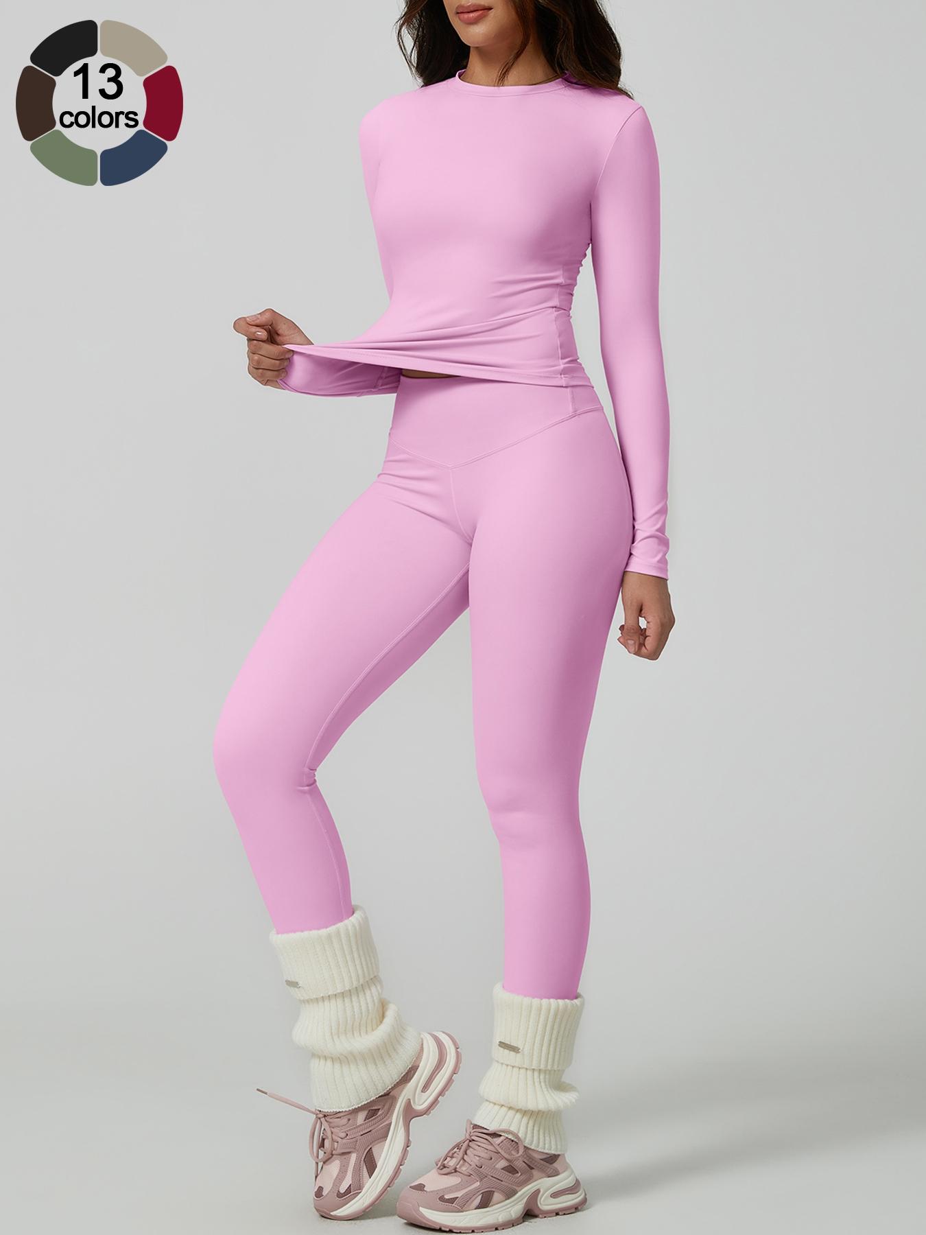 Women's Solid Long-Sleeve Tee & High-Waist Leggings Set, Sporty Round Neck Top & Skinny Pants 2-Piece Set for Gym Workout and Running, Ladies Fall & Winter Sportswear, Sports Fitness Wear, Workout Running Outfits