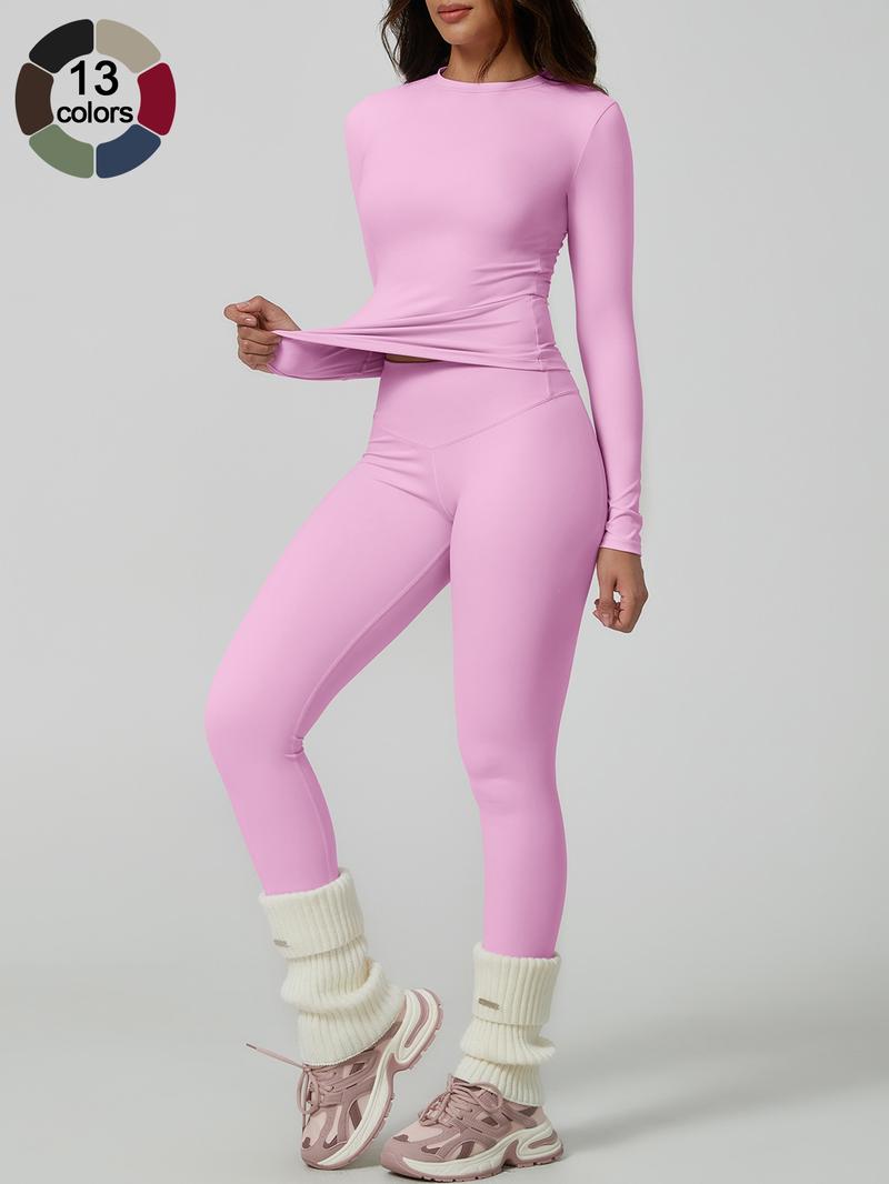 Women's Solid Long-Sleeve Tee & High-Waist Leggings Set, Sporty Round Neck Top & Skinny Pants 2-Piece Set for Gym Workout and Running, Ladies Fall & Winter Sportswear, Sports Fitness Wear