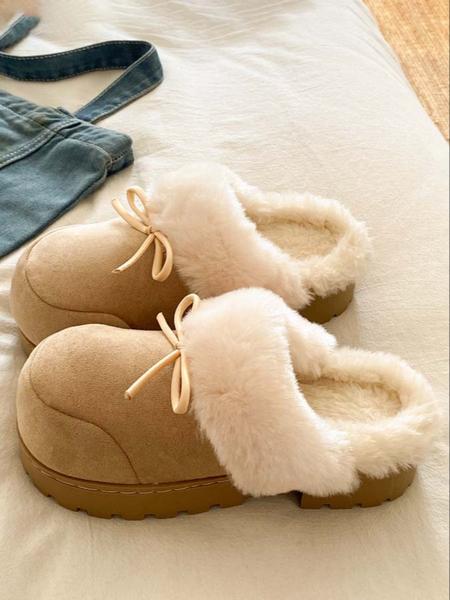Women's Plush Slippers with Sweet Bow Design, Warm Winter Indoor & Outdoor Shoes, Comfortable Casual Footwear for Fall Season, Home Footwear