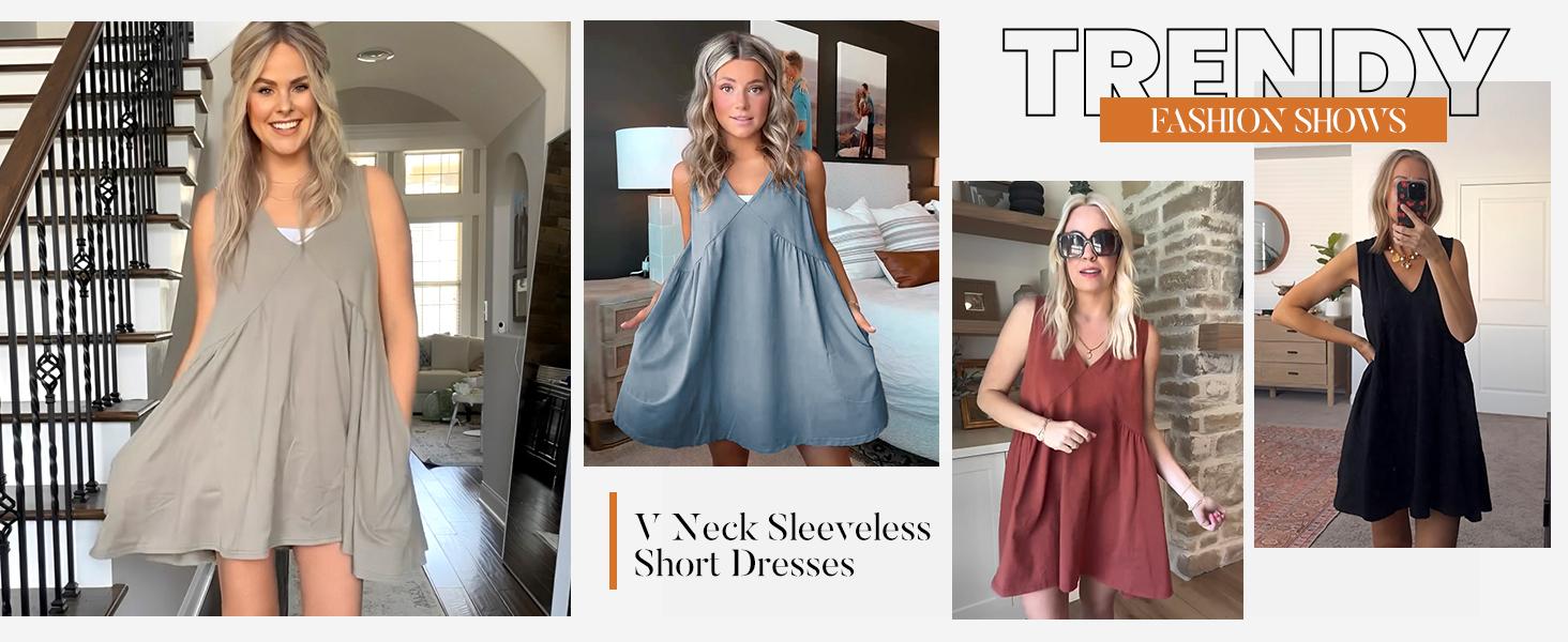 Women's Summer Sleeveless Mini Dress Casual Loose V Neck Sundress with Pockets Women's Summer Sleeveless Mini Dress Casual Loose V Neck Sundress with Pockets