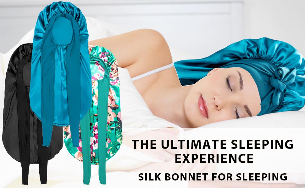 【Spring Glow-Up】Braid Bonnet for Black Women - 3 Pack Large Braid Bonnet, Perfect for Long Curly Hair and Braids Elastic Heatless Haircare (Black&Blue&Flower)