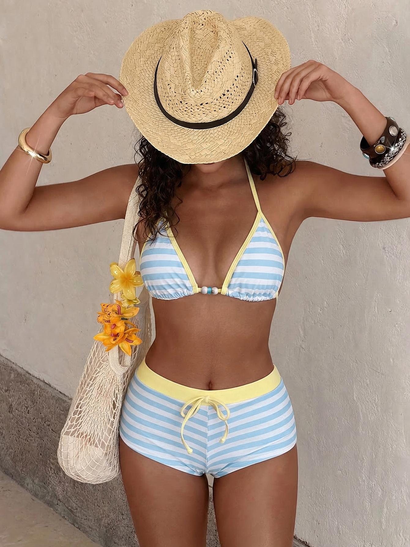 Women's Swimsuit Bikini Set Retro Yellow Polka Dot Print Vintage Color Block Summer Outfit for Beachwear & Vacation Y2k 2000s Streetwear