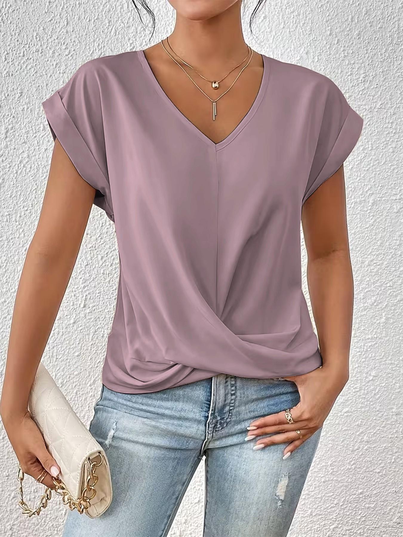 2026 Women's V Neck Twist Front Blouse, Sexy Ruched Waist, Short Sleeve, Casual Top, Tummy Control, Leg-Lengthening, Office Shirt