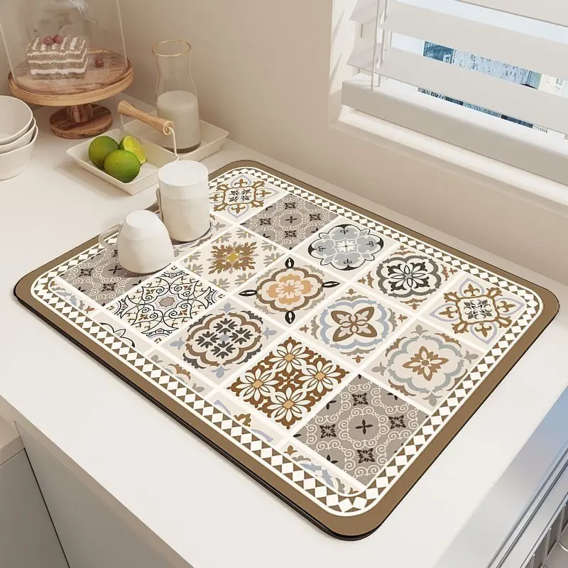 Coffee Machine Absorbent Drain Mat, Kitchen Countertop Drying Pad, Non-Slip Diatomaceous Earth Mat, Easy Clean Washable, Coffee Pattern, Coasters
