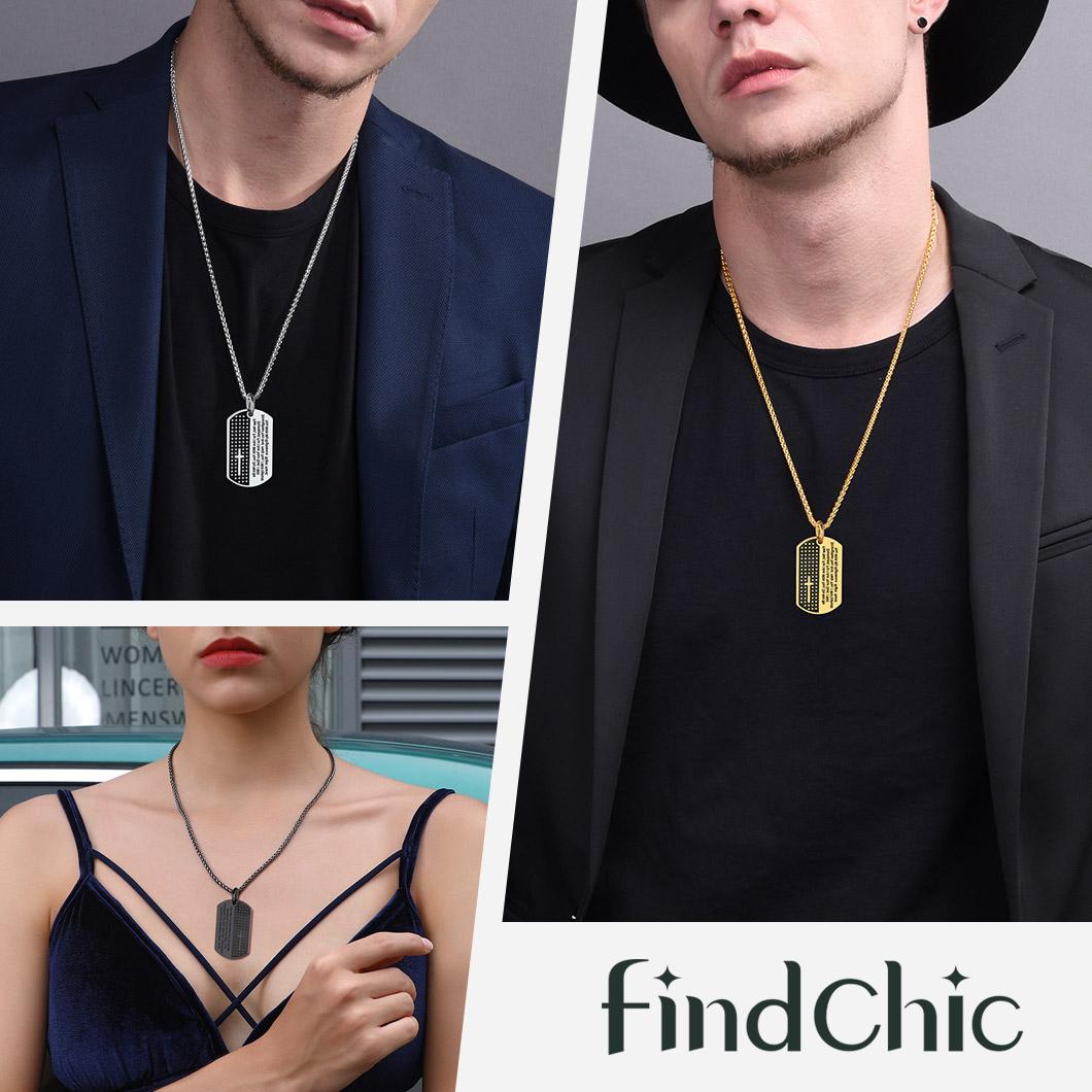 FindChic Military Cross Bible Verse Dog Tag Necklace Stainless Steel Catholic Christian Cross Pendant Necklace For Women Men