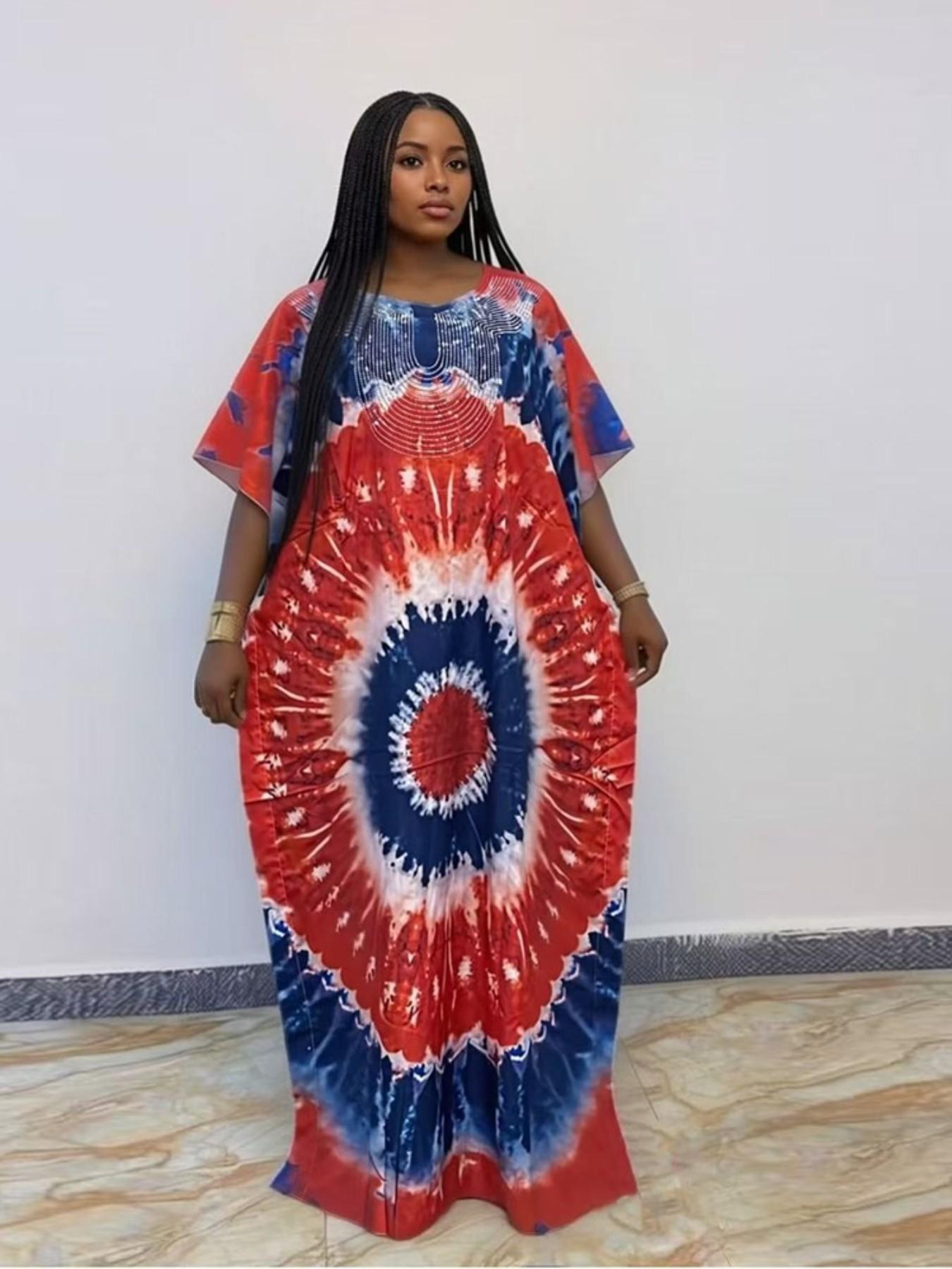 African Tie-Dye Embroidered Boubou Kaftan Long Dress, Traditional Clothing, Casual Daily Wear, Loose Fit, Plus Size, Vacation Style