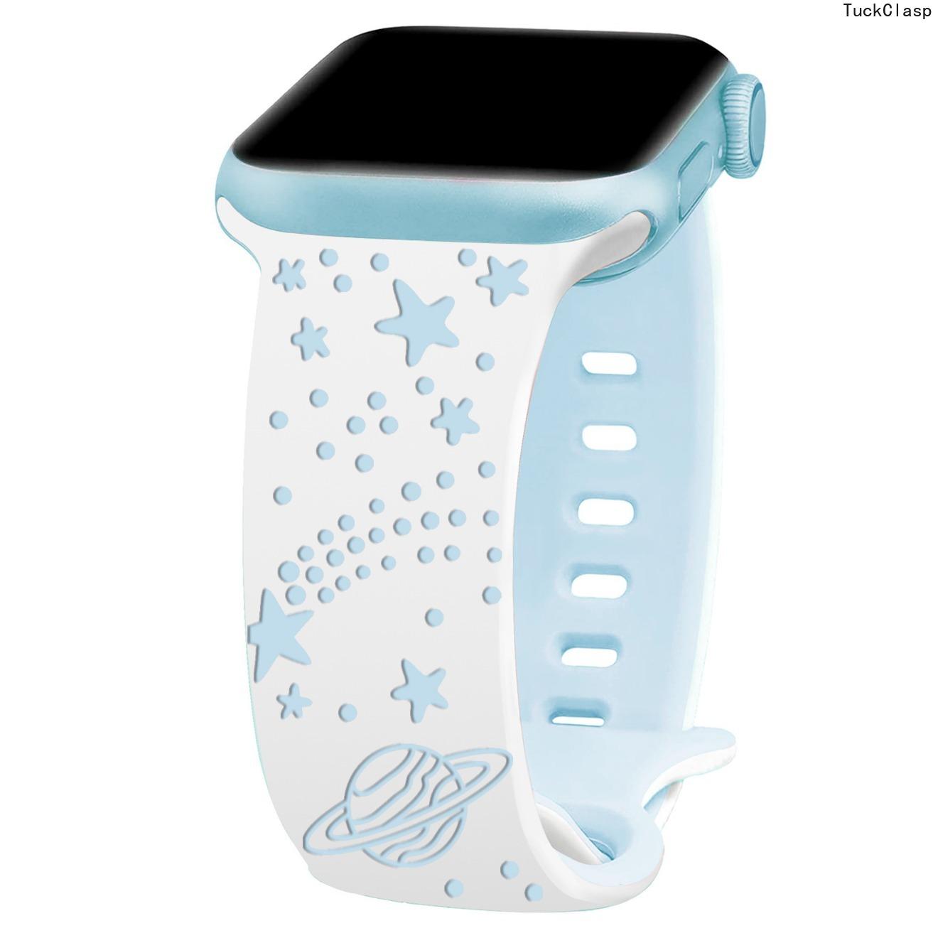 Two-Tone Laser-Engraved Silicone Watch Band with Butterfly Clasp, Romantic Starry Sky Pattern Replacement Strap Compatible with Apple Watch Series 1–11, SE & Ultra, Soft Adjustable Wristband for Everyday Wear (Band Only)