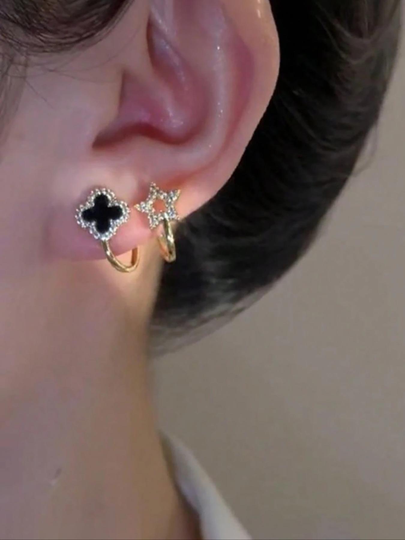 Star Four-Leaf Flower Earrings, Asymmetrical Design for Women, Unique Daily Wear Jewelry, Fashionable Ear Studs for Everyday Use