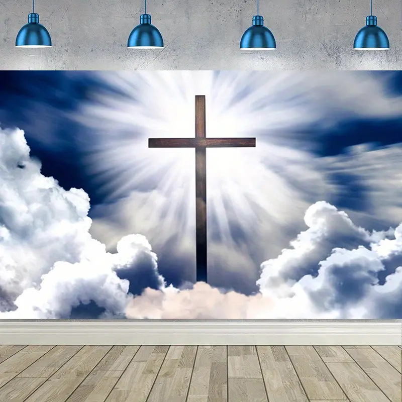 1Pc Easter Christian Cross Heaven Themed Banner Backdrop, Sacred Soft Heaven Style With Exquisite Cross Pattern HD Printed, Wrinkle Resistant Durable Polyester Fabric Can Be Folded For Easy Storage, For Easter Church Activities, Religious Gatherings, Chri