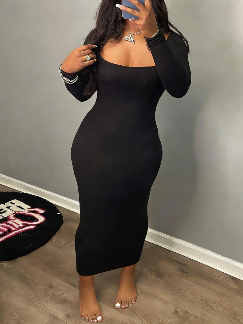 Women's Casual Tight-Fitting Dress, Low Neckline, bodycon dress，Plain Color, Spring & Fall Fashion, Moderate Fabric Thickness, Kint Style