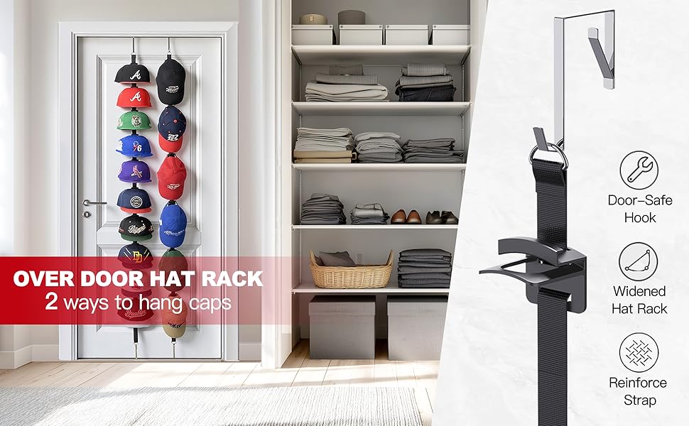Hat Rack for Door - Two-Way Hanging Caps with Display Hooks and Hanger, Hat Organizer for Baseball Caps, Over the Door Hat Storage Organizer for Bedroom, Entrance or Garage Doors - 2 Packs