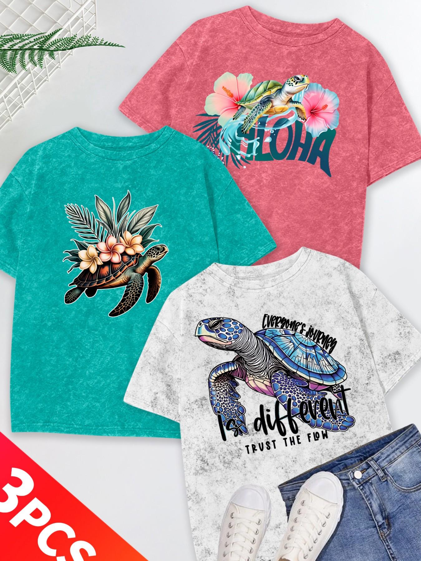 Women's 3-Pack Snow Wash Short Sleeve T-Shirt, Hawaiian Sea Turtle & Floral Print Set, Multiple Colors, Machine Washable, Spring & Summer Tops, Soft Skin-Friendly Fabric, Daily Wear, Fashion Design