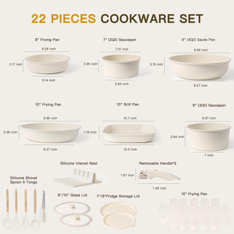 Astercook 22-piece cookware set, white ceramic nonstick cookware set, detachable handle, suitable for induction cooktops, steak frying pan.