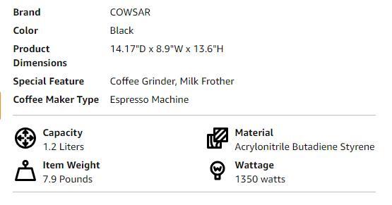 COWSAR Espresso Machine 20 Bar, Semi-Automatic Coffee Maker with Milk Frother Steam Wand, Nespresso Capsule Compatible, 45 oz Removable Water Tank for Cappuccino, Latte, Home,1350W