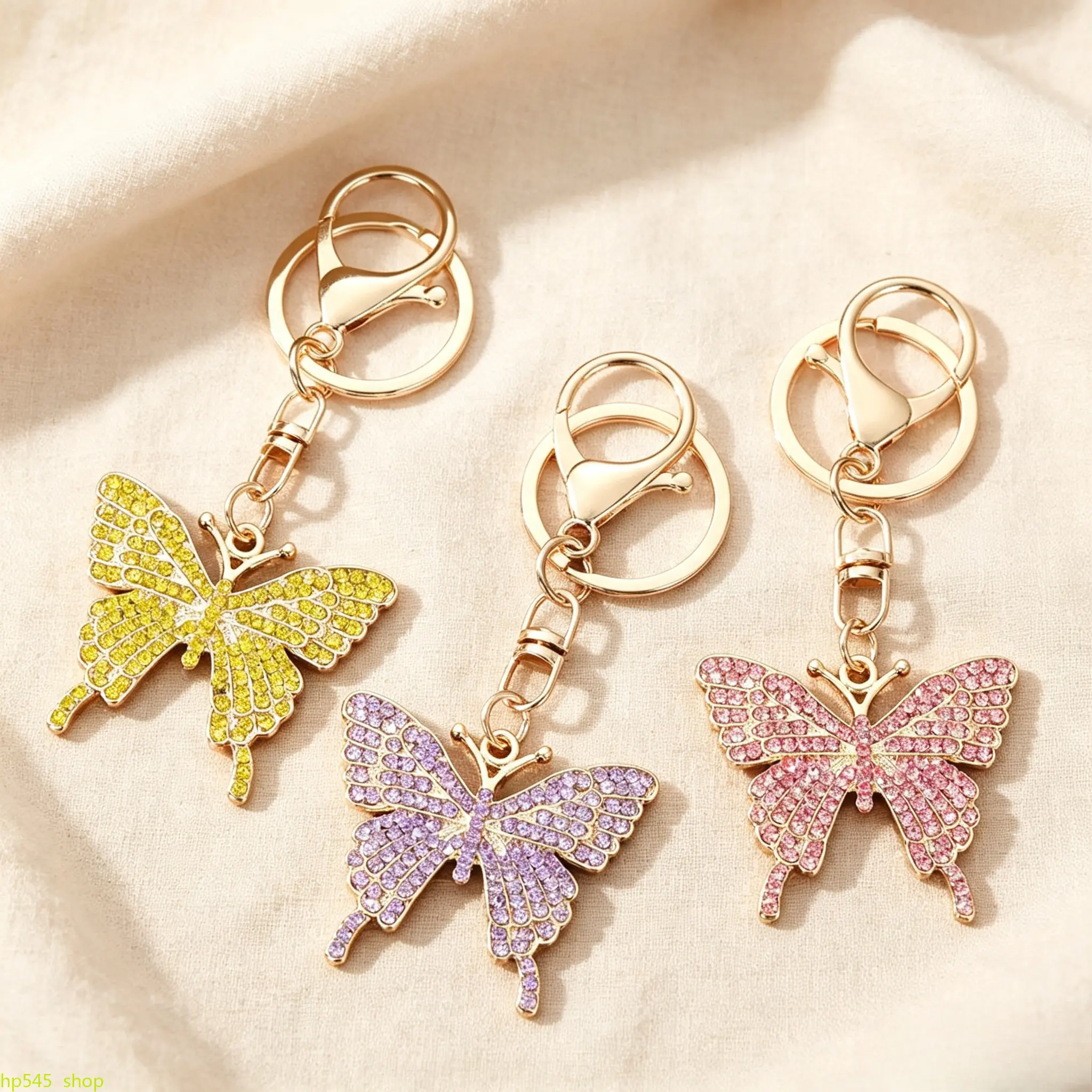 Women’s Small Metal Iridescent Rhinestone Butterfly Keychain Charm, Bling Trendy Aesthetic Accessory, Dainty Colorful Pendant for Car Key Ring, Backpack Purse Gift